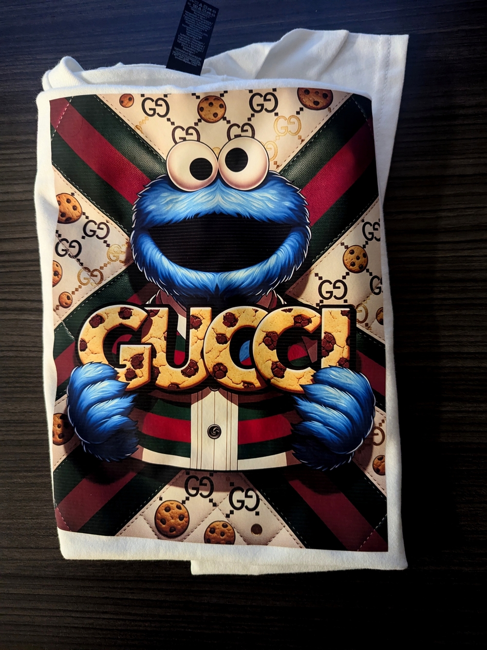 White Graphic Top with Blue Cookie Monster Design